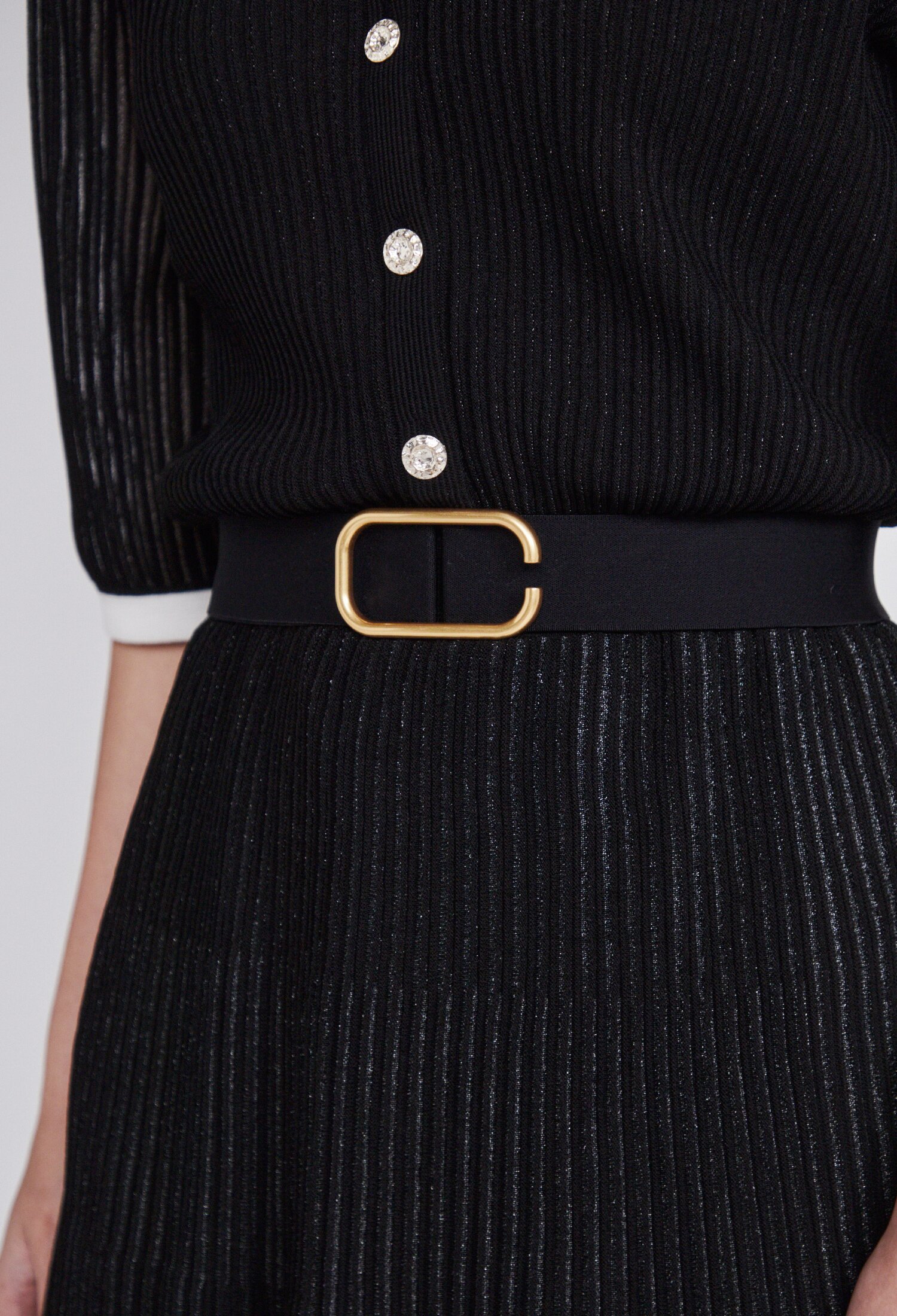 벨티드 시스루 플리츠 니트 원피스 (BLACK)