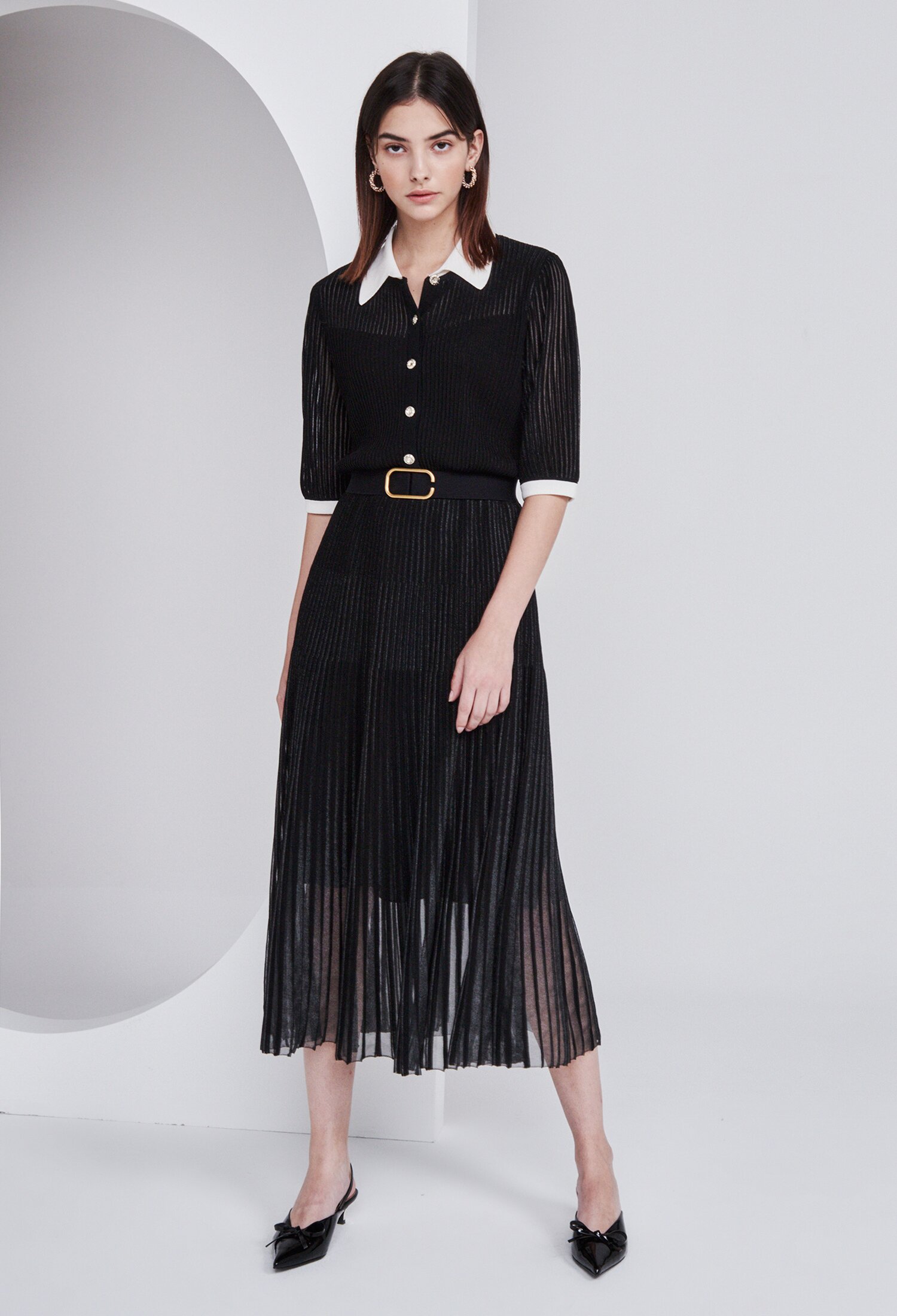 벨티드 시스루 플리츠 니트 원피스 (BLACK)