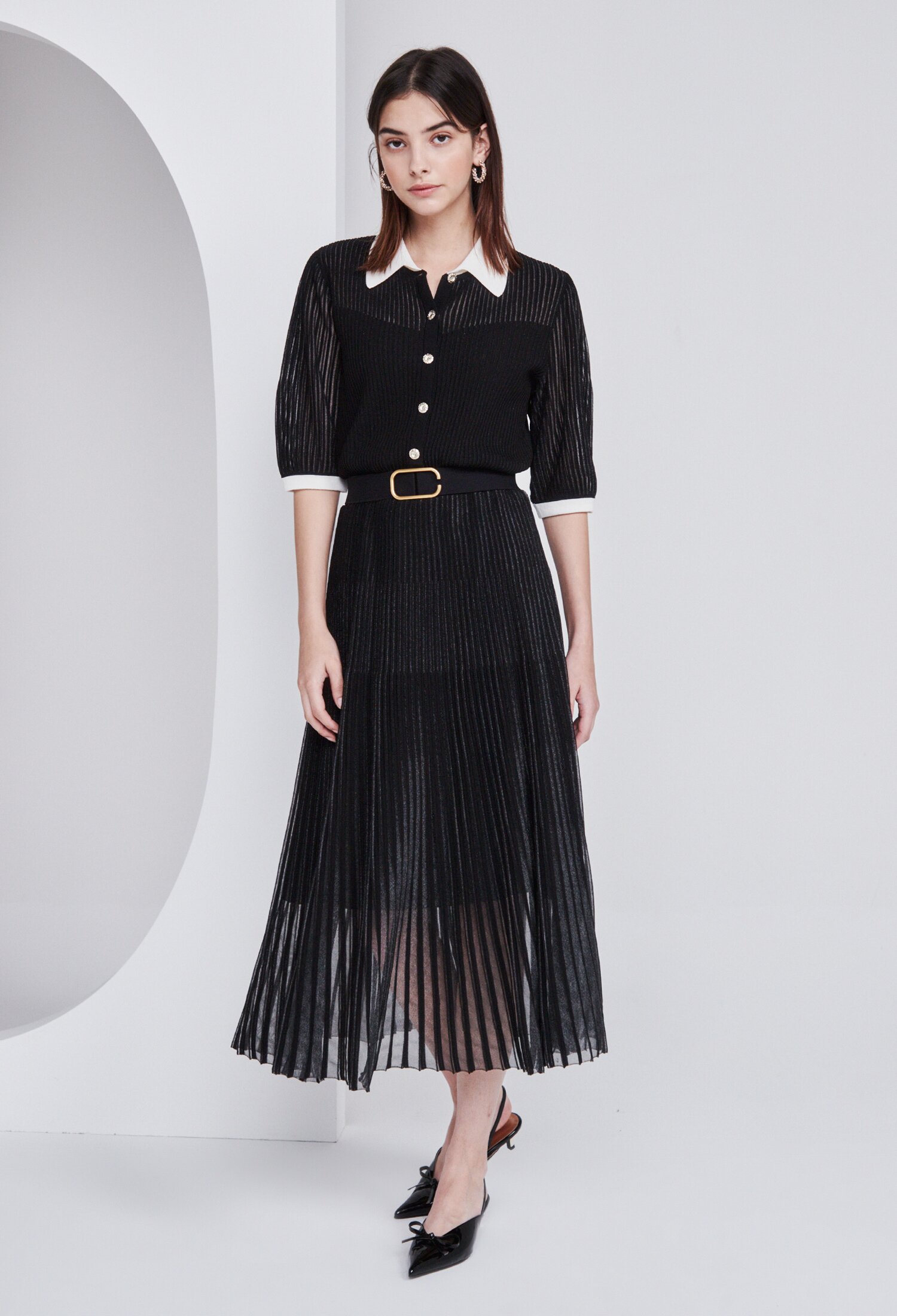 벨티드 시스루 플리츠 니트 원피스 (BLACK)