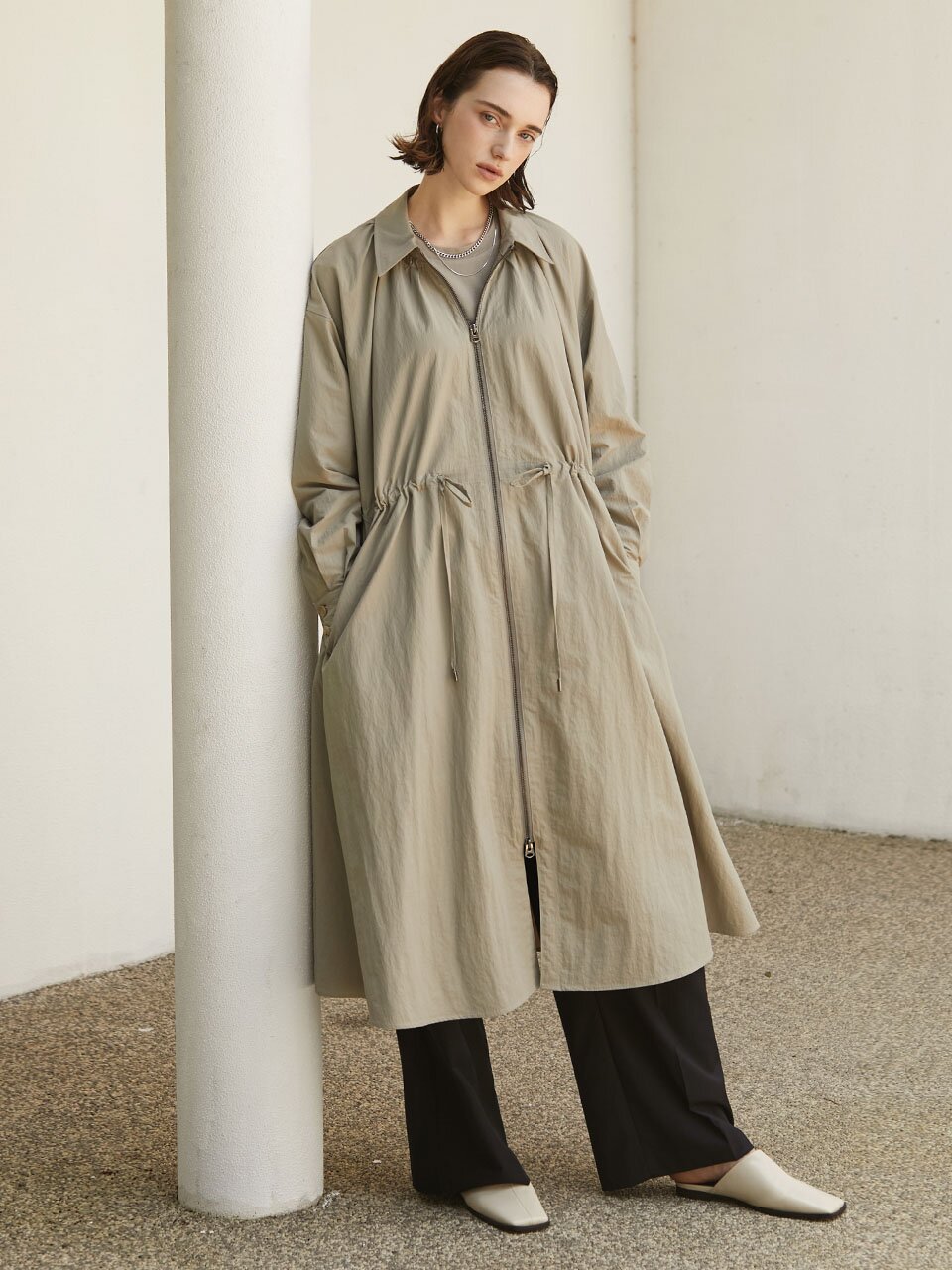 shirring neck string long jumper_BEIGE