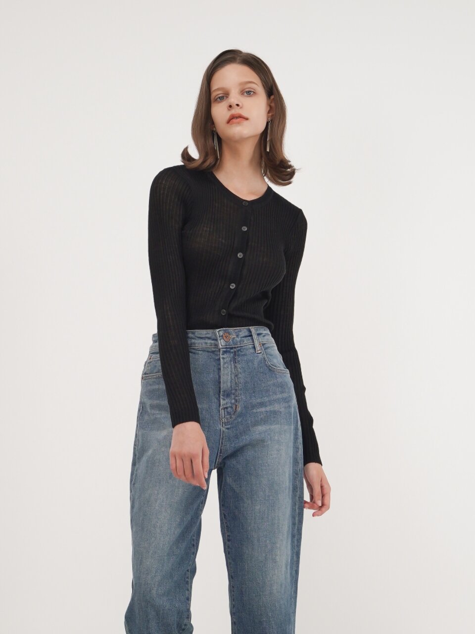 Slim Ribbed Wool Cardigan_Black