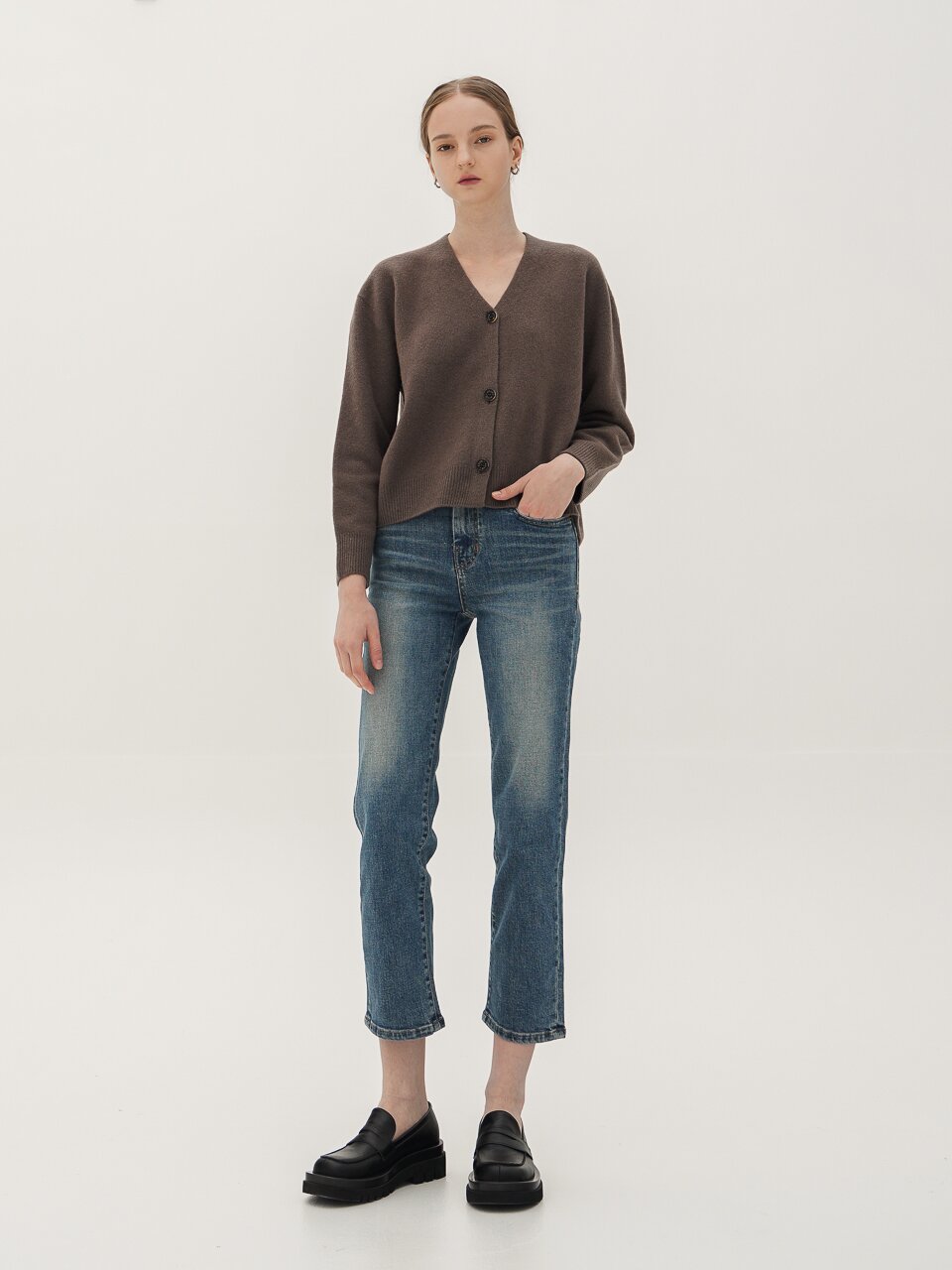 Cropped Knit Cardigan_D.Brown