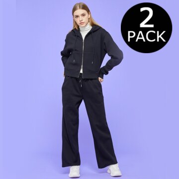 [기모 2PACK] WOMEN 크롭 투웨이 후드집업 와이드 트레이닝 츄리닝 팬츠 [BLACK]