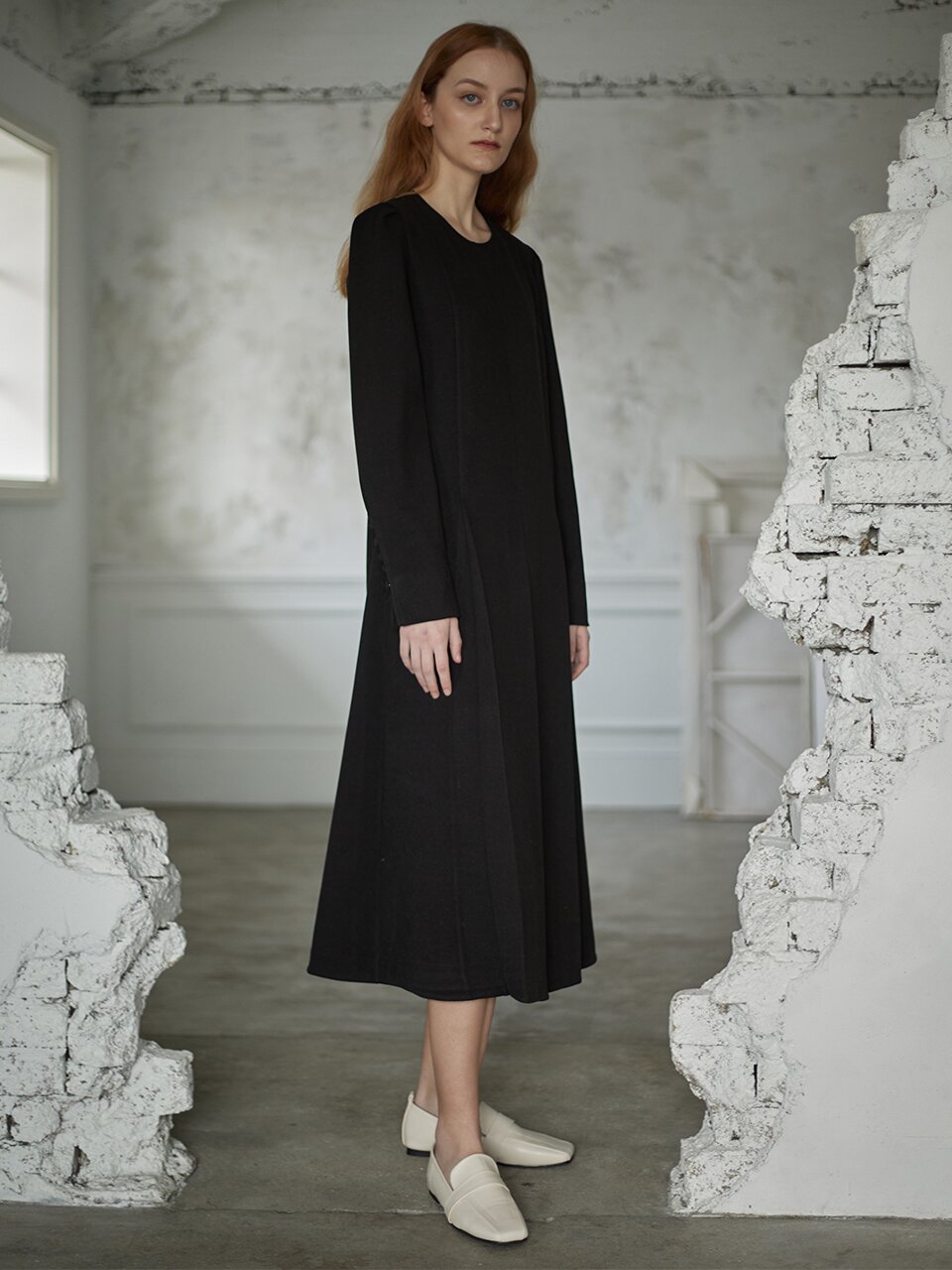 A-line sleeves button Long dress - Black