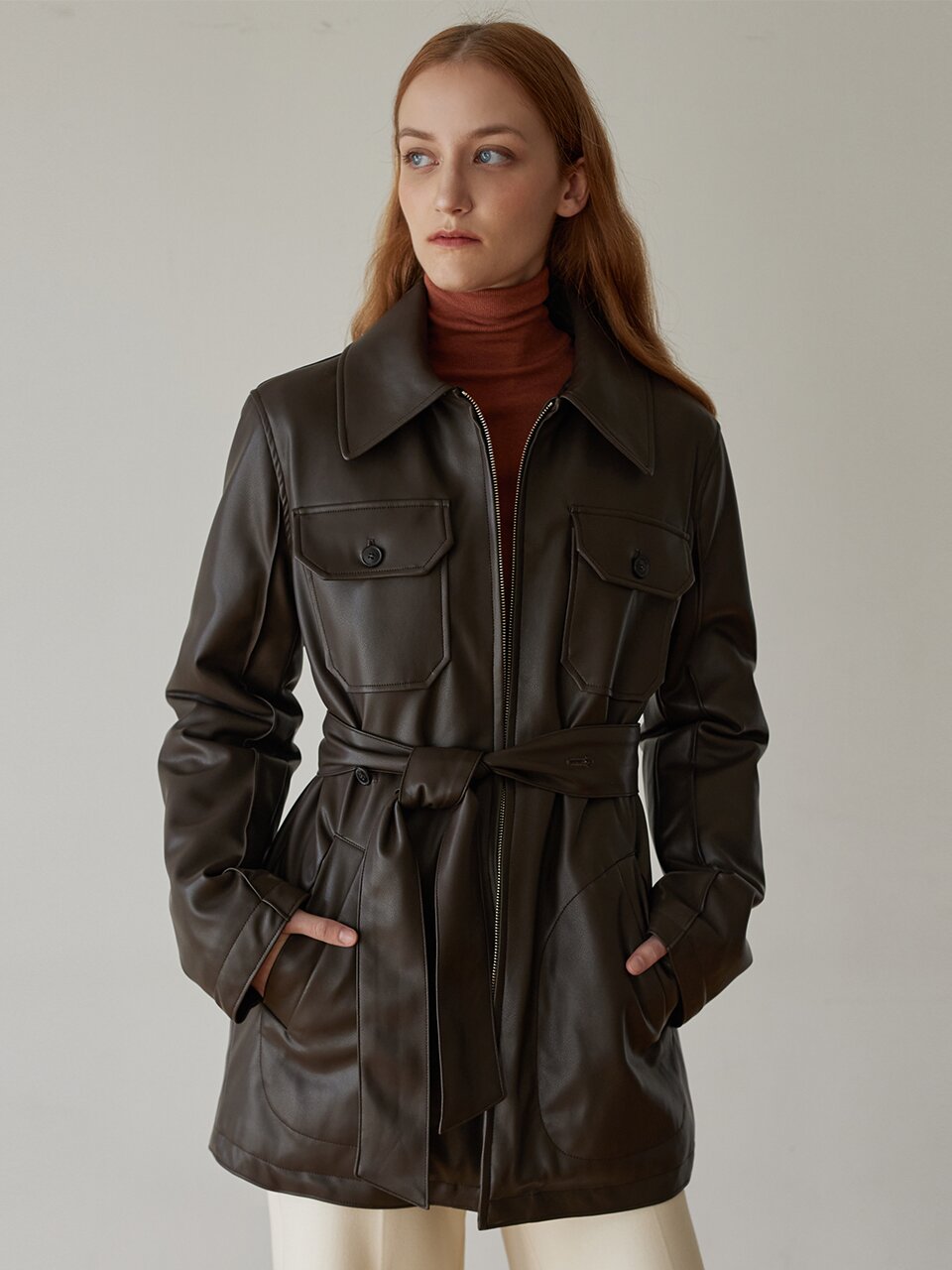 Fake Leather Half Belt Jacket_Brown