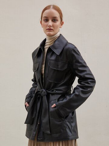 Fake Leather Half Belt Jacket - Black