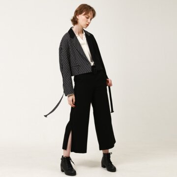 [분더가이스트] 피크드라펠 체크배색 크롭 끈 숏블레이져