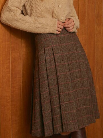 울 체크 플리츠 A라인 롱 스커트