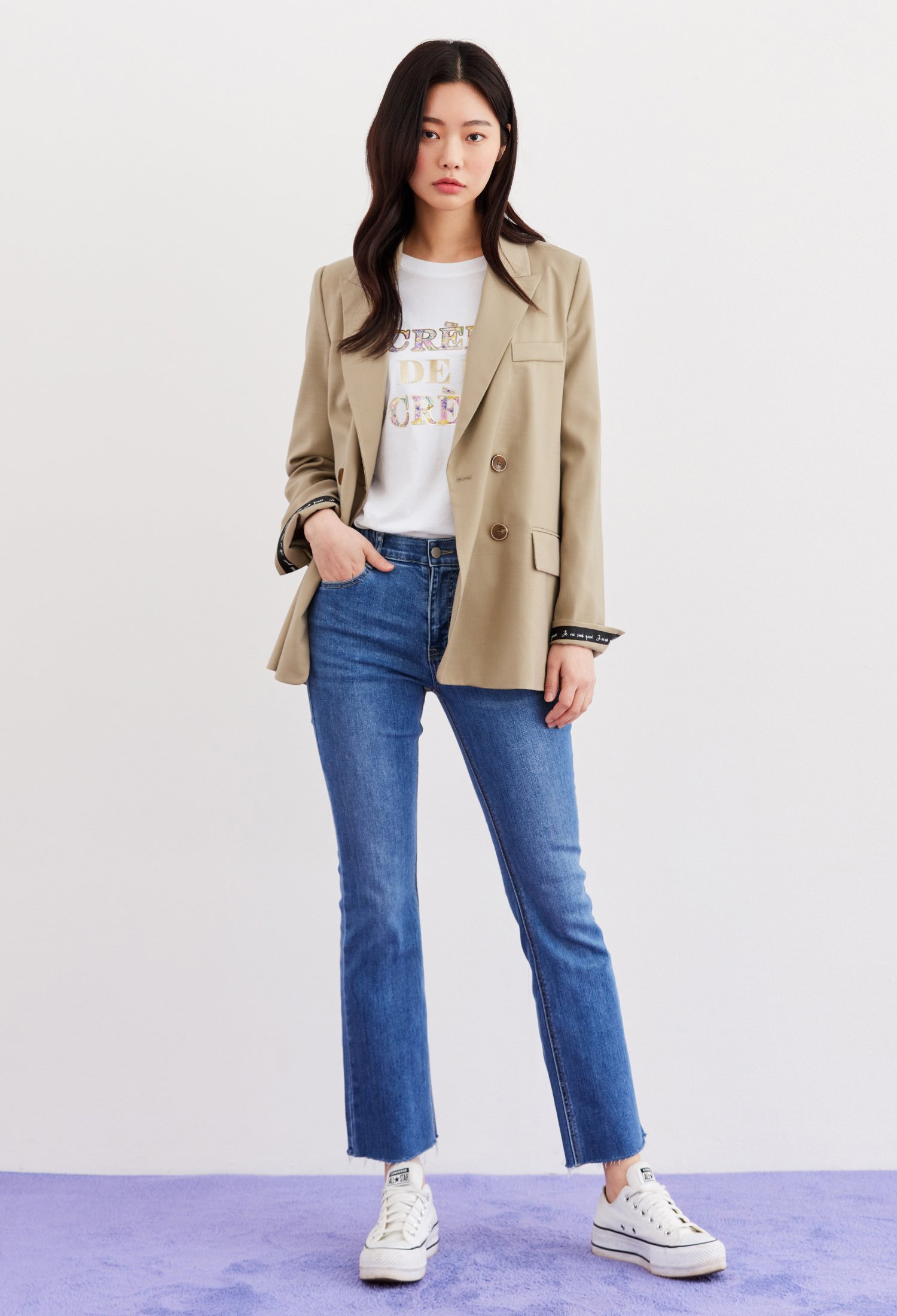 레터링 롤업 더블 브레스트 재킷 (KHAKI)