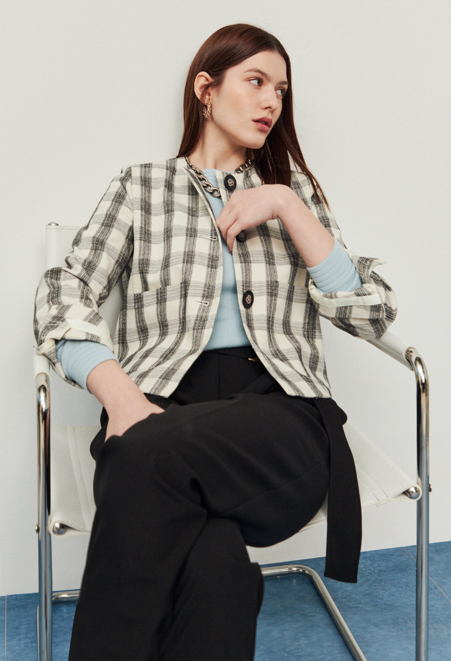 노카라 체크 숏자켓 (GREY)