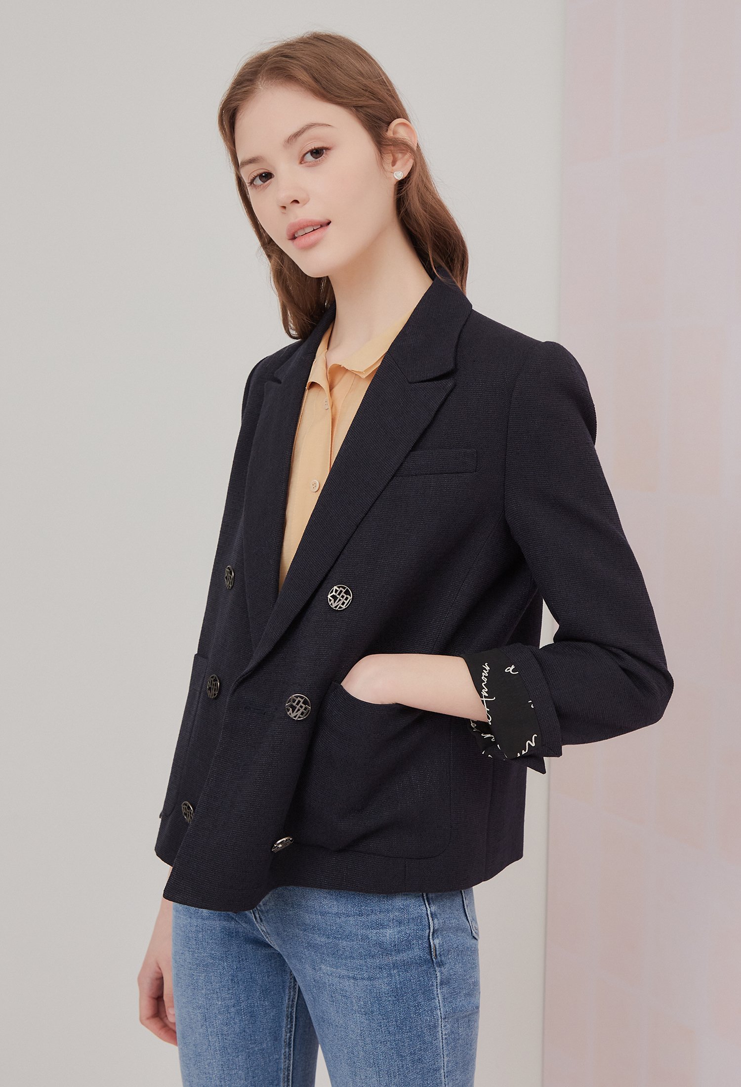 레터링 롤업 더블 브레스트 재킷 (NAVY)