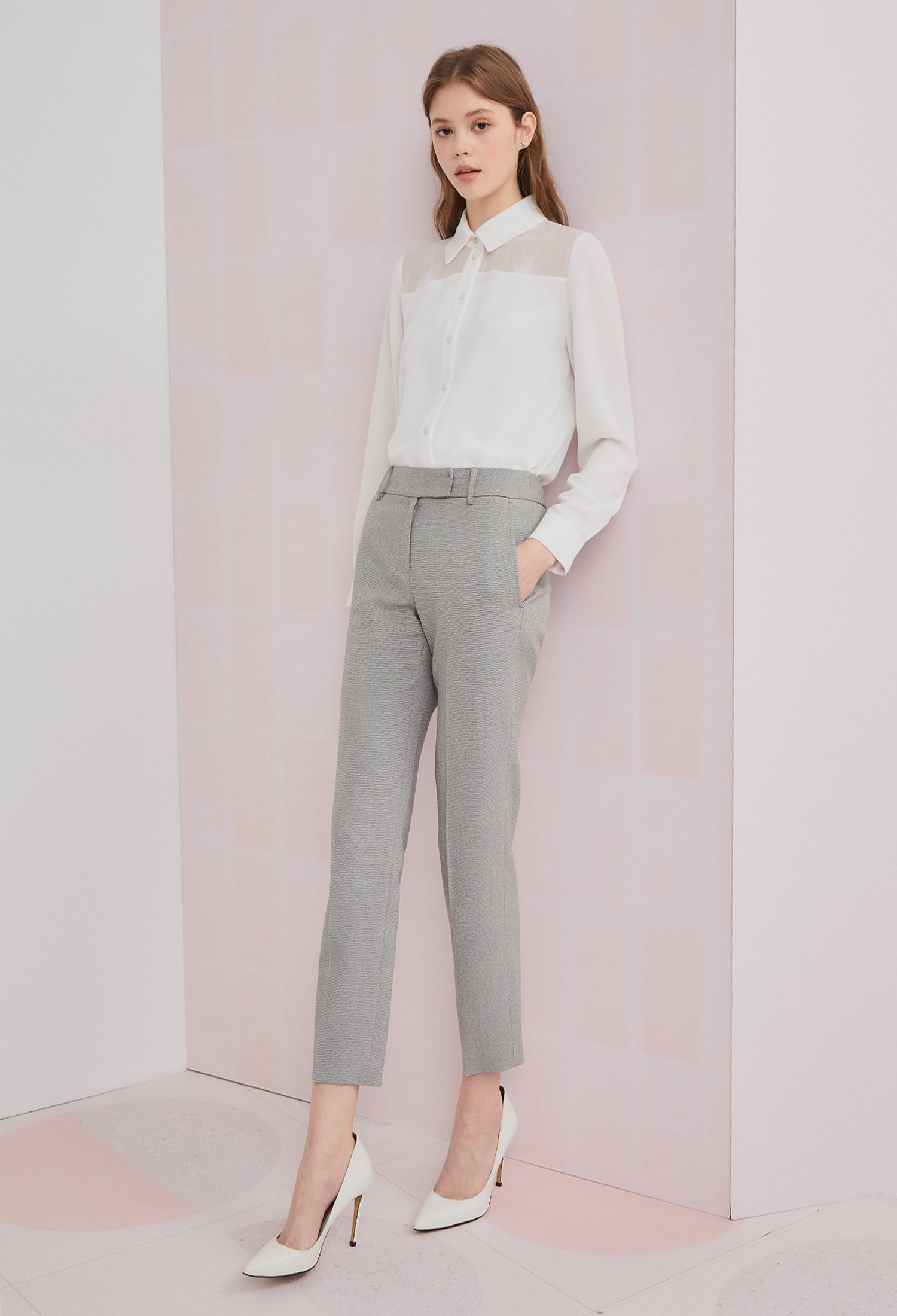 잔체크 슬림핏 일자 팬츠 (LIGHT GREY)