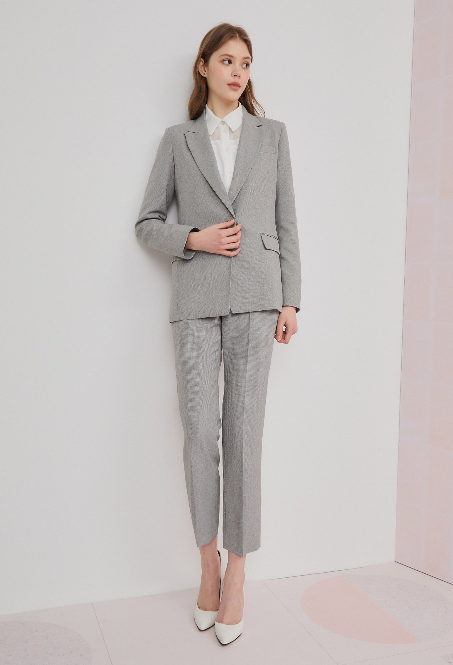 잔체크 슬림핏 일자 팬츠 (LIGHT GREY)