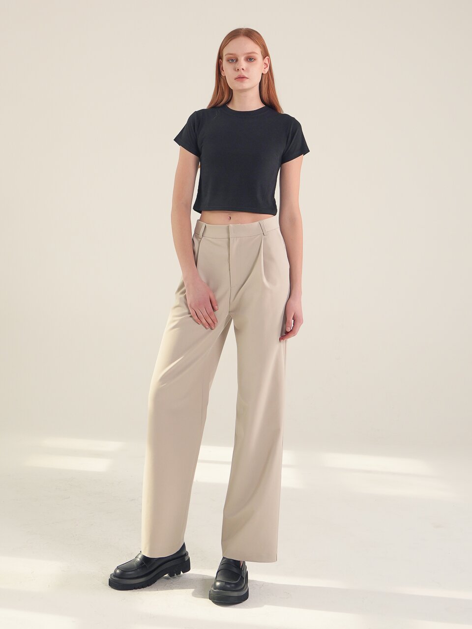 Pintuck Detail Semi Wide Slacks_Beige