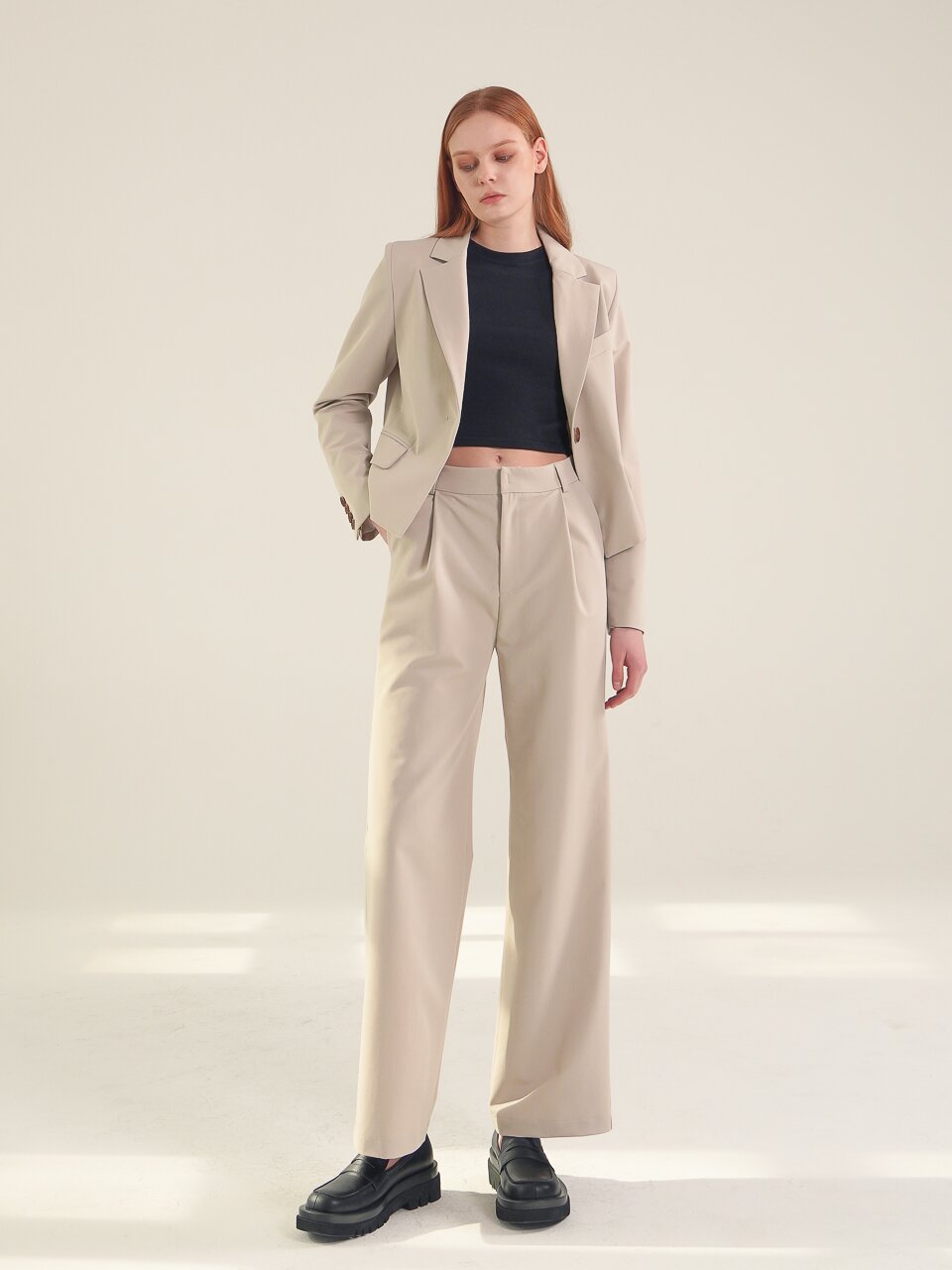Pintuck Detail Semi Wide Slacks_Beige
