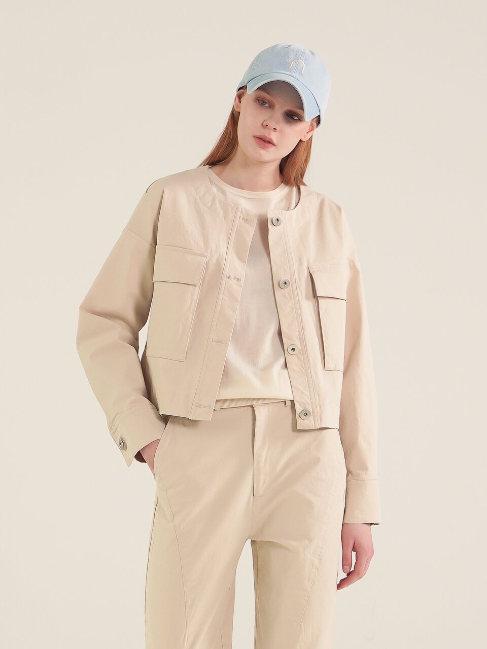 Round Neck Cropped Jacket_Mt.Green