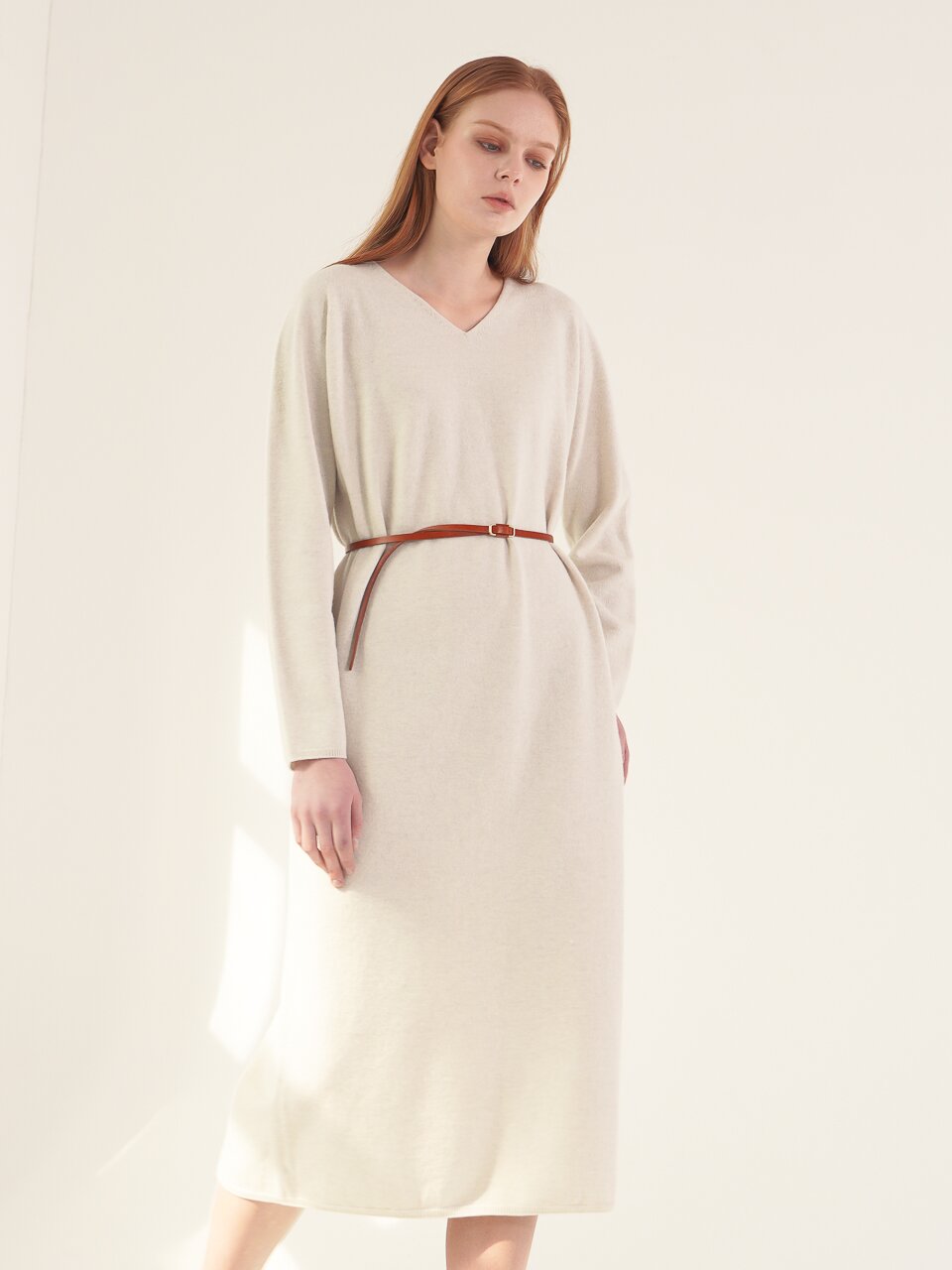V neck Knit Long Dress_S.Grey