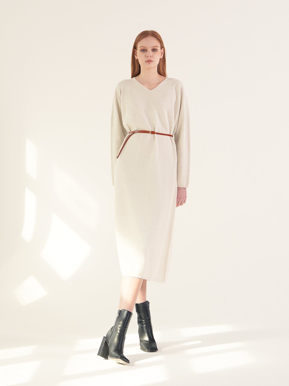 V neck Knit Long Dress_S.Grey