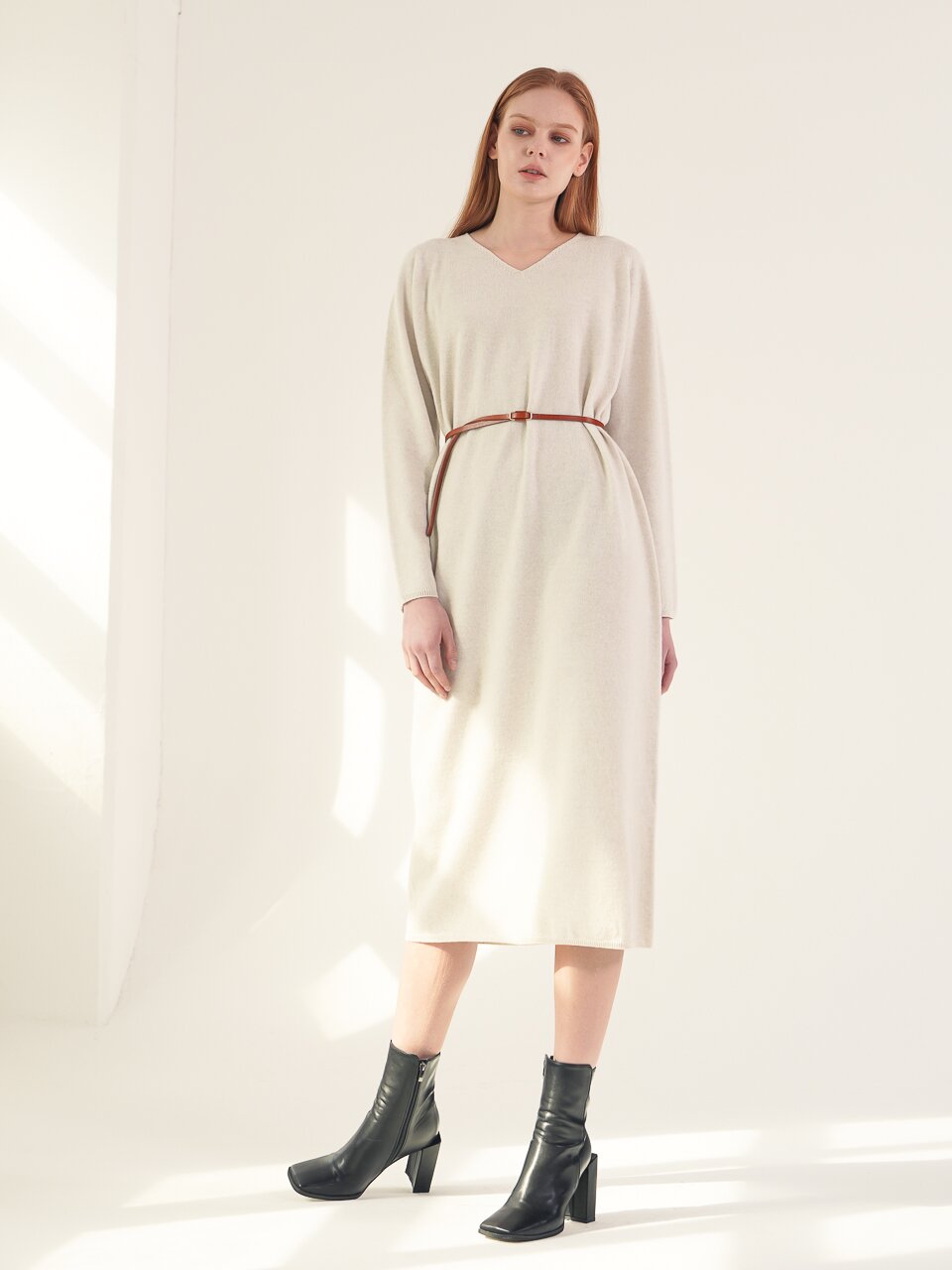 V neck Knit Long Dress_S.Grey