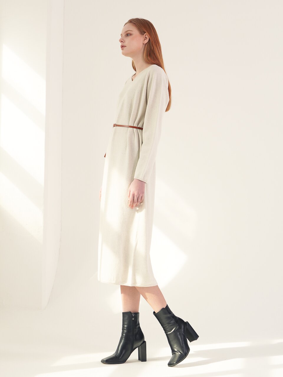 V neck Knit Long Dress_S.Grey