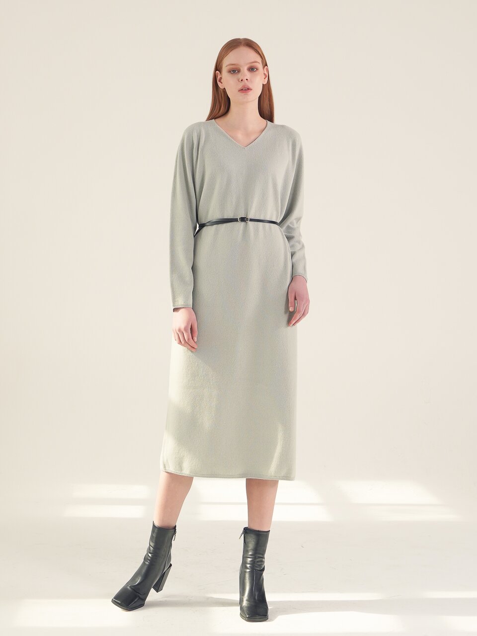 V neck Knit Long Dress_S.Grey