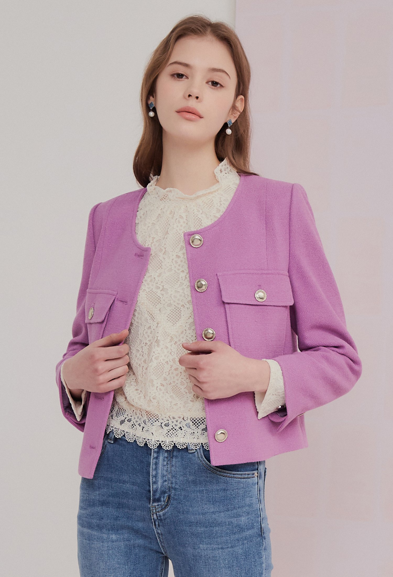 메탈 버튼 플랩 포켓 라운드 재킷 (VIOLET)