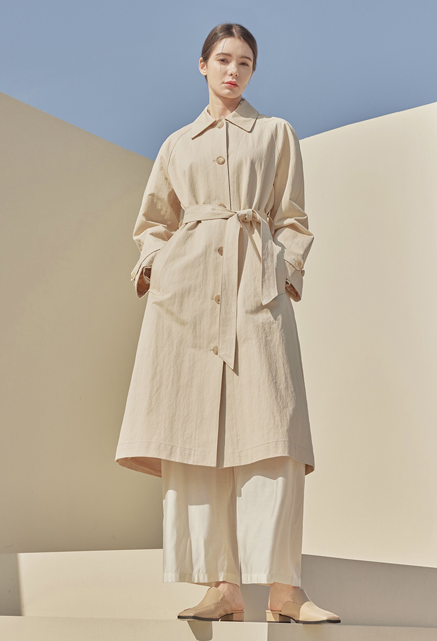 Edith belt long trench coat_CREAM