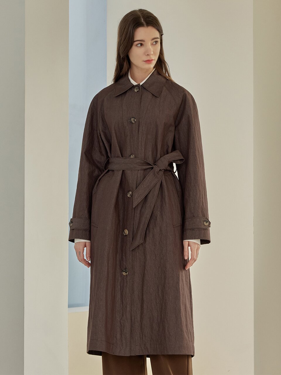 Edith belt long trench coat_BROWN