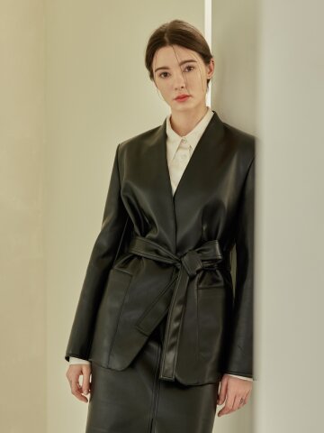 Kelly none collar leather jacket_BLACK