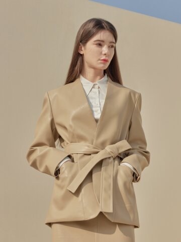 Kelly none collar leather jacket_BEIGE