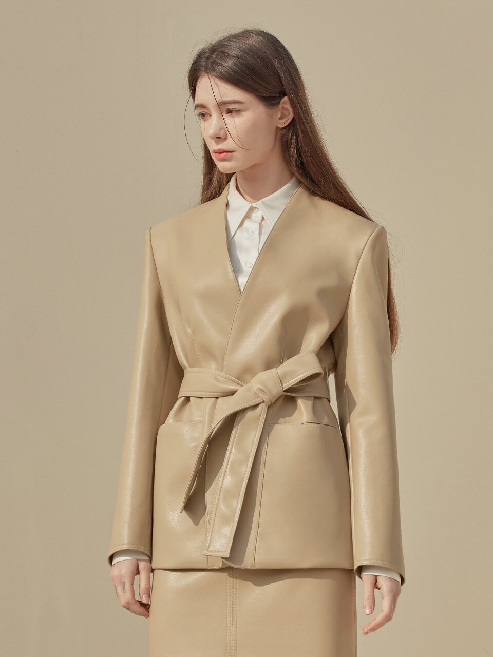 Kelly none collar leather jacket_BEIGE
