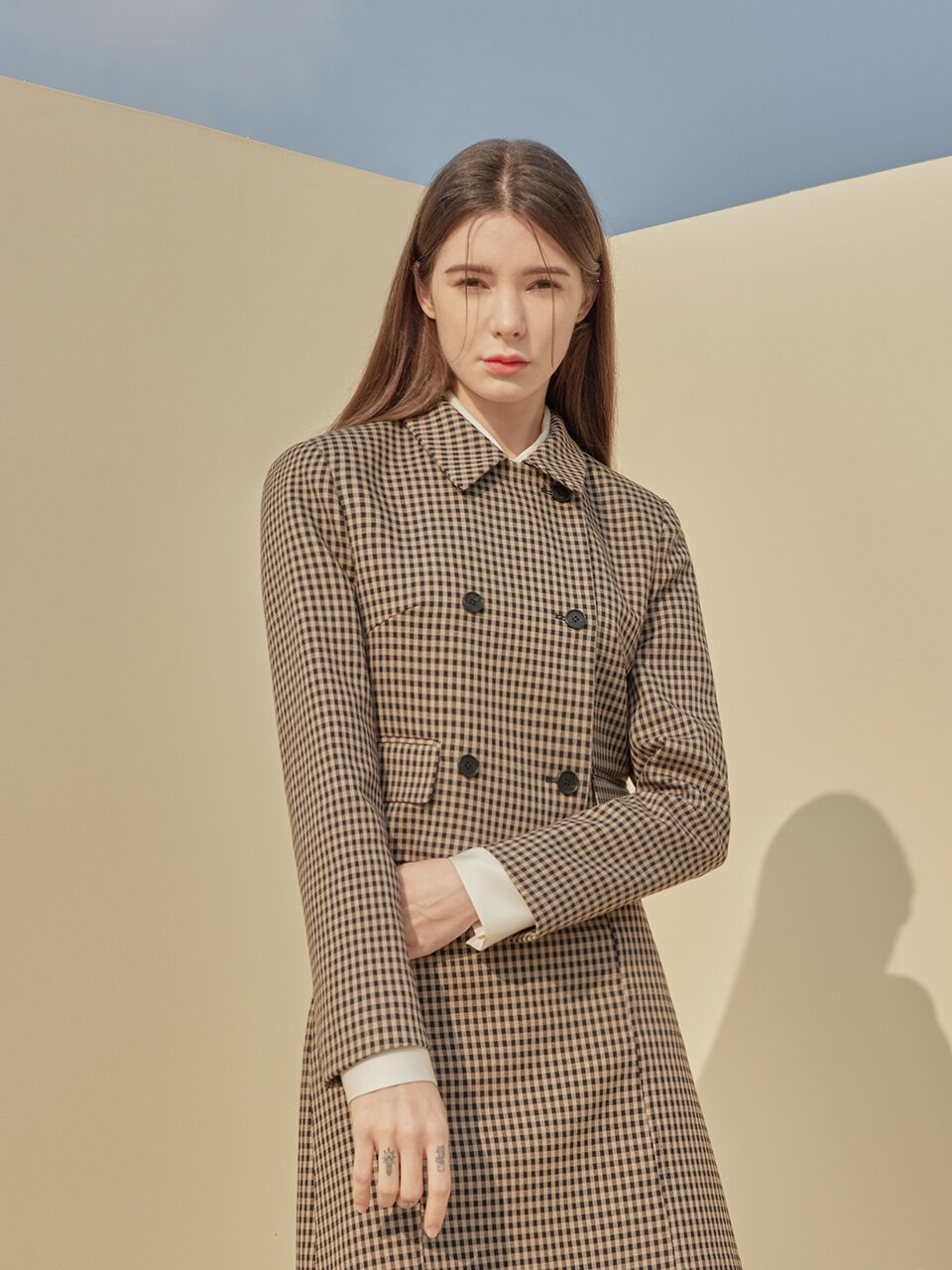 Bella checkered double button jacket_BEIGE