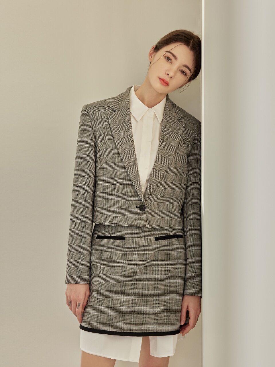 Saint checkered one button blazer_IVORY