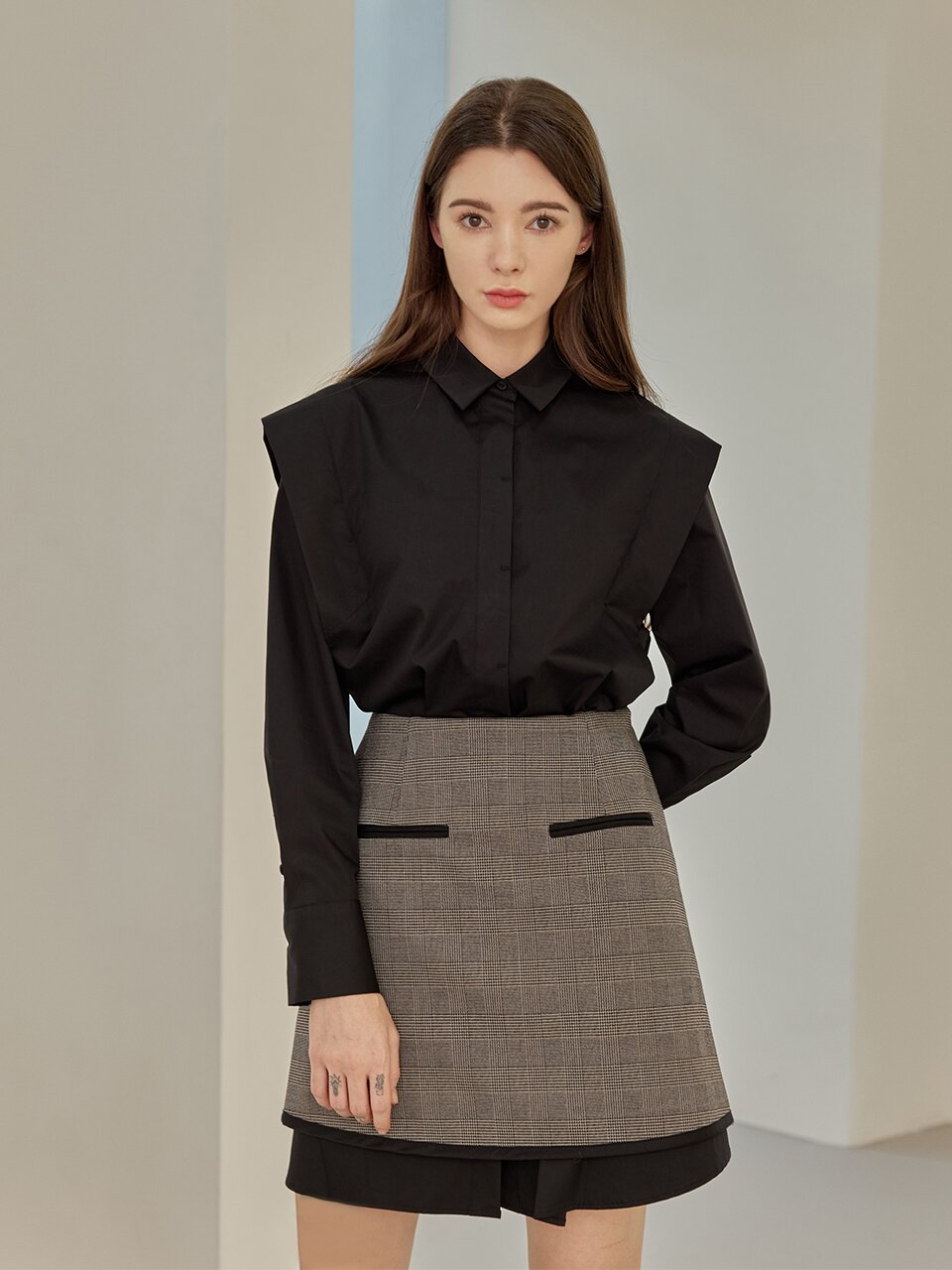 Saint A-line colored check skirts_BEIGE