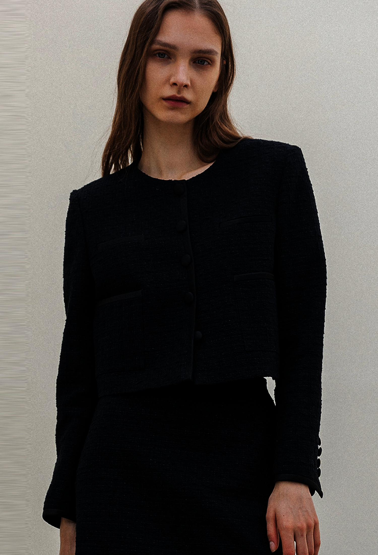 TWEED SILVER PEARL CROP JACKET _ BLACK