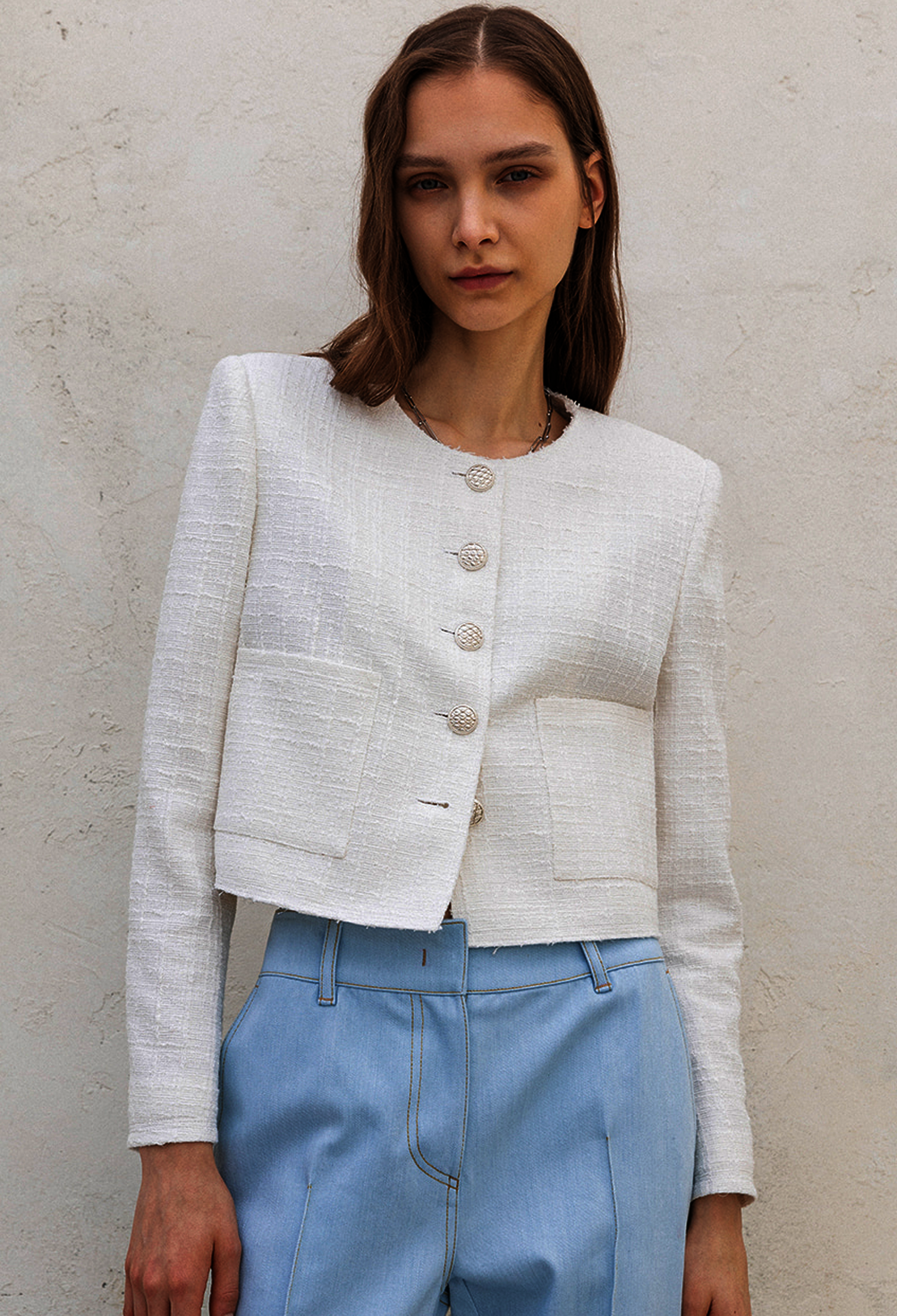 TWEED PEARL CROP JACKET_ WHITE