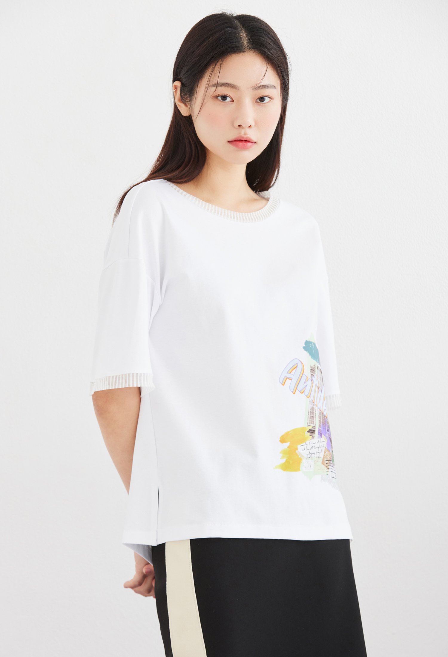 시스루 배색 프린트 티셔츠 (WHITE)