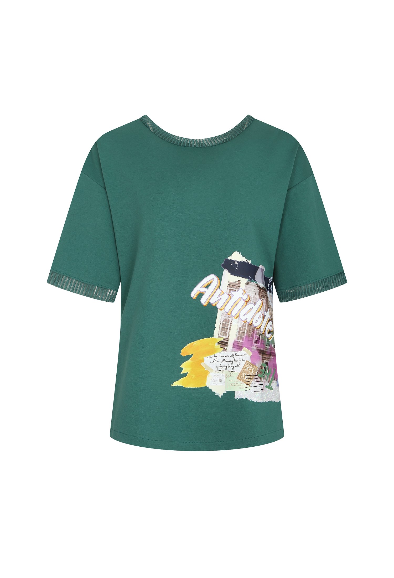 시스루 배색 프린트 티셔츠 (GREEN)