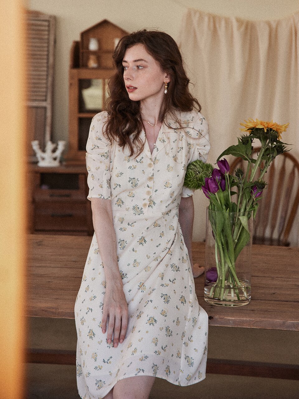 Fannie Printed Floral Apricot Tea Dress_3color