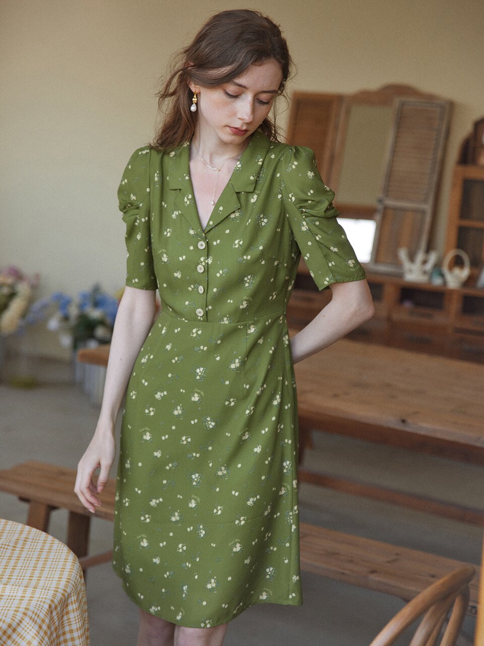 Fannie Printed Floral Apricot Tea Dress_3color