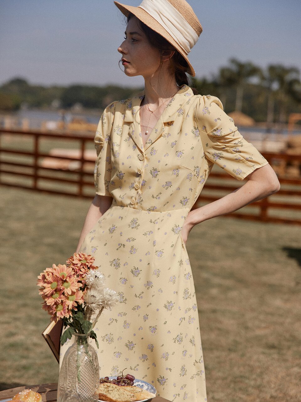Fannie Printed Floral Apricot Tea Dress_3color