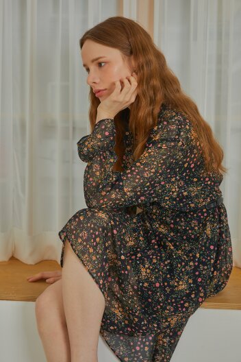 H라인 시스루 플라워 롱 원피스 (블랙)