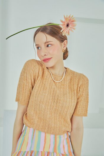 꽈배기 소프트 반팔 라운드 니트 (오렌지)