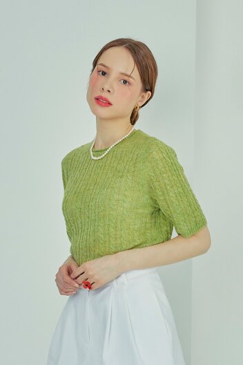 꽈배기 소프트 반팔 라운드 니트(그린)