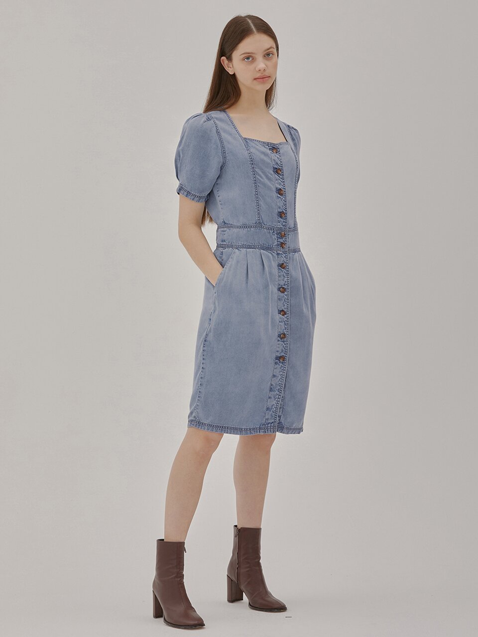 DENIM SQUARE NECK DRESS BLUE