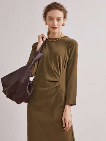 Ozie ellipse side gather dress_Kaki