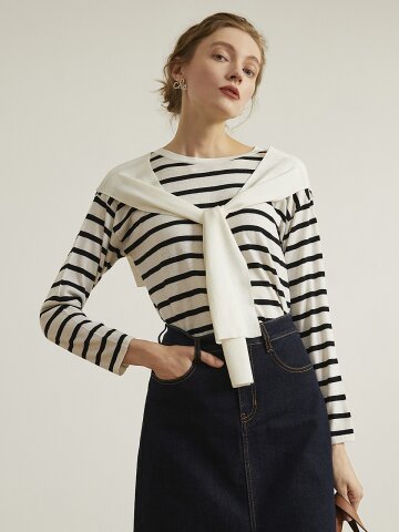 fake two-piece shawl striped T-shirt WH