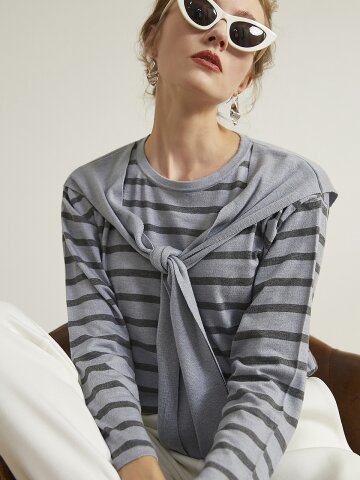 fake two-piece shawl striped T-shirt BLUE