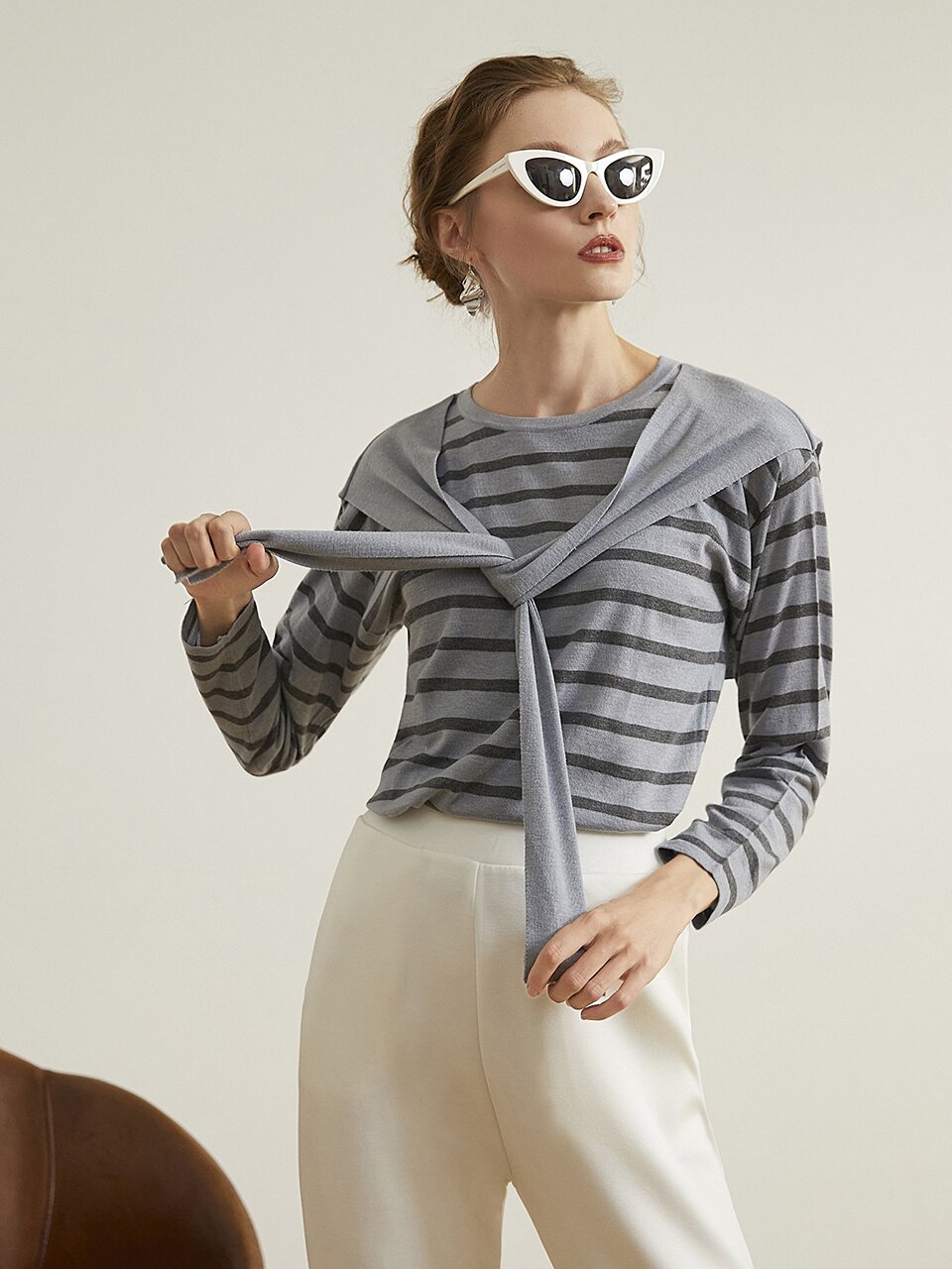 fake two-piece shawl striped T-shirt BLUE