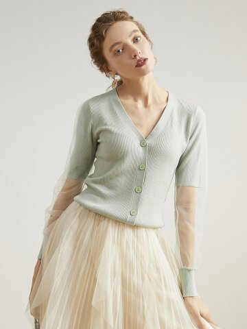 Ozie mesh stitching knitted cardigan MINT